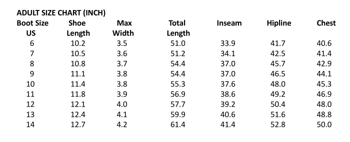 WildCoast Waders Adults Size Chart